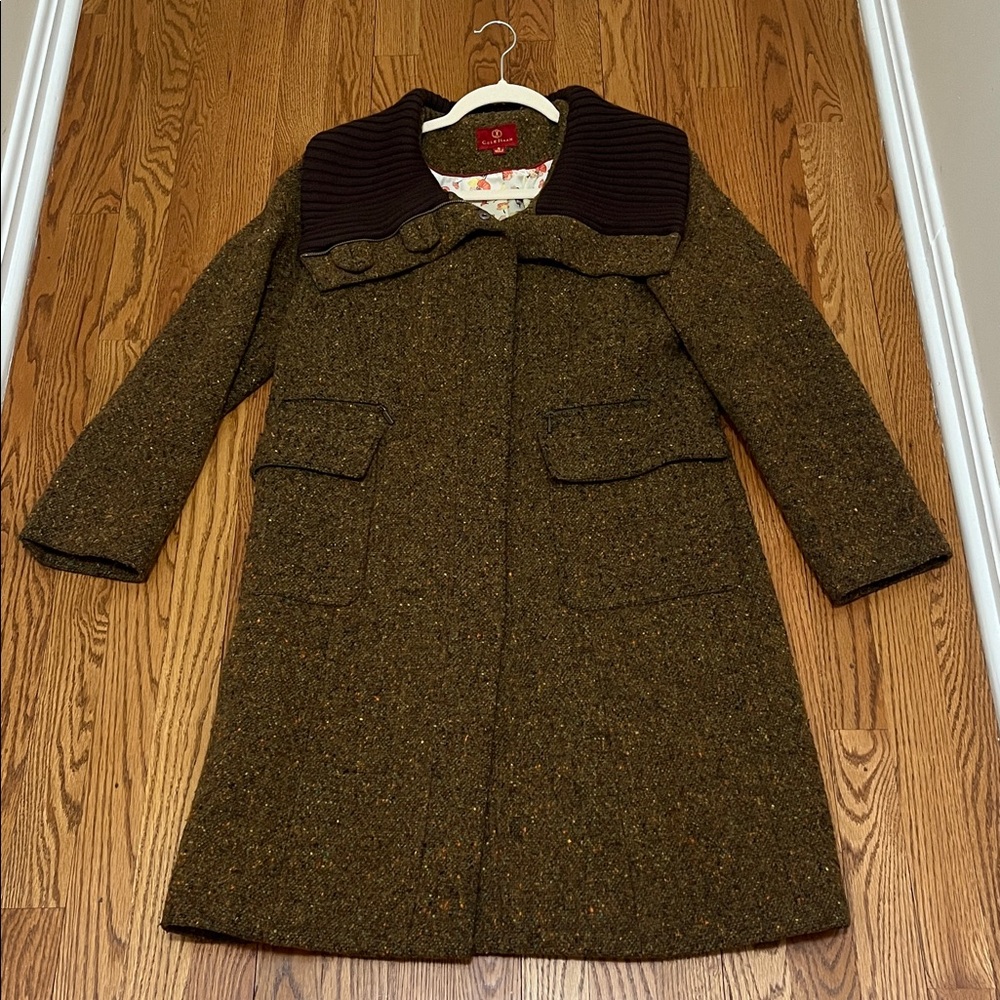 Cole Haan Brown Basket Weave Midi Coat with Funnel Ribbed Collar